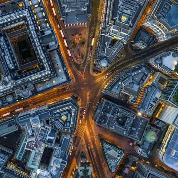 Drone photo of Lombard Street, London, from above, showing high-access surveying of construction site.